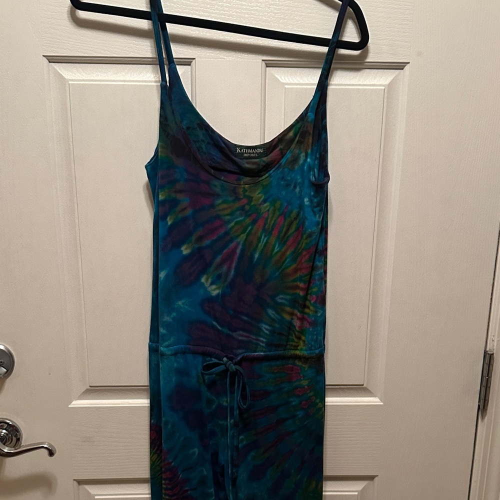 Kathmandu Imports Soft Knit Tie-Dye Sleeveless Jumpsuit - Teal Multicolor - Picture 8 of 9